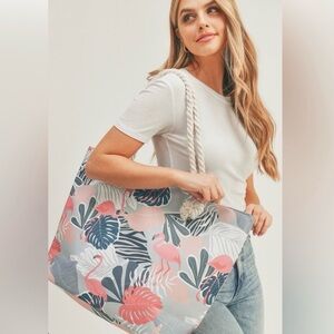 Flamingo Print Pink and Gray Rope-Handle Tote Bag